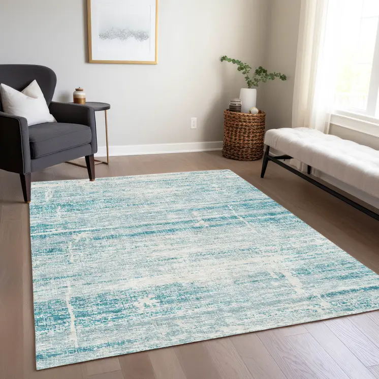 3' X 5' Teal Blue Aqua And Ivory Abstract Washable Indoor Outdoor Area Rug
