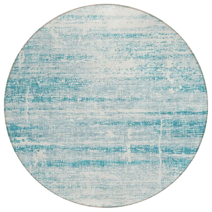 8' Teal Blue Aqua And Ivory Round Abstract Washable Indoor Outdoor Area Rug