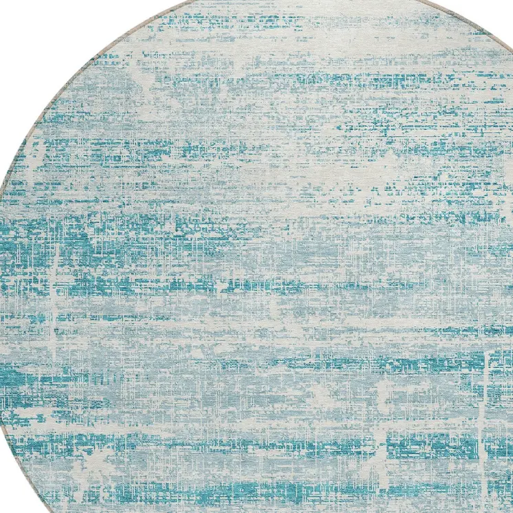 8' Teal Blue Aqua And Ivory Round Abstract Washable Indoor Outdoor Area Rug