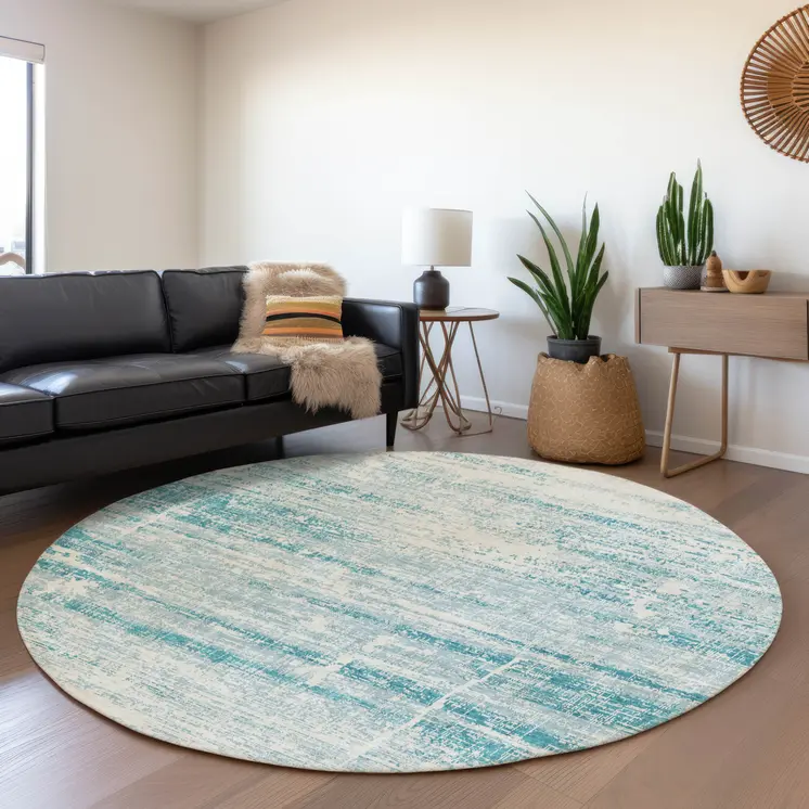 8' Teal Blue Aqua And Ivory Round Abstract Washable Indoor Outdoor Area Rug