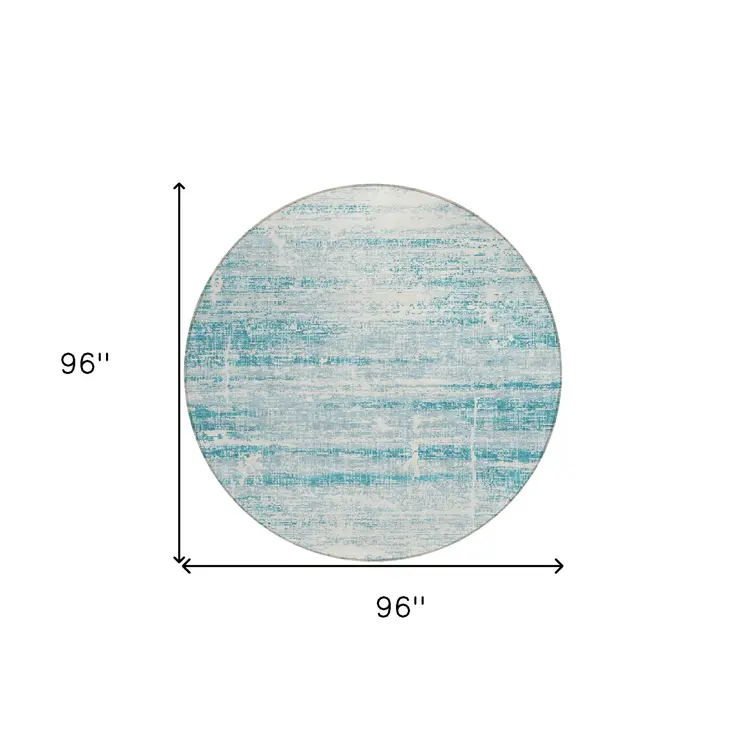 8' Teal Blue Aqua And Ivory Round Abstract Washable Indoor Outdoor Area Rug