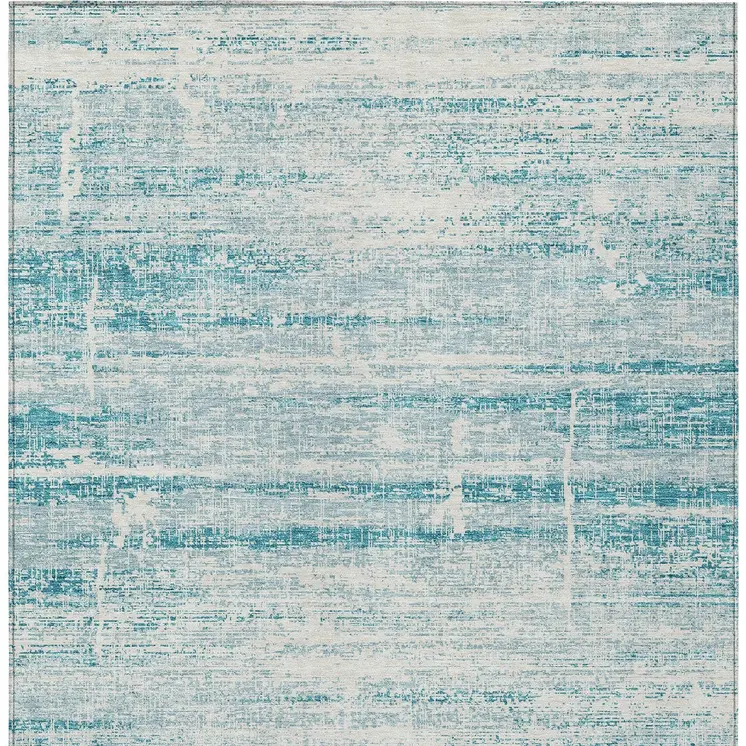 9' X 12' Teal Blue Aqua And Ivory Abstract Washable Indoor Outdoor Area Rug