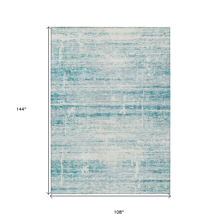 9' X 12' Teal Blue Aqua And Ivory Abstract Washable Indoor Outdoor Area Rug