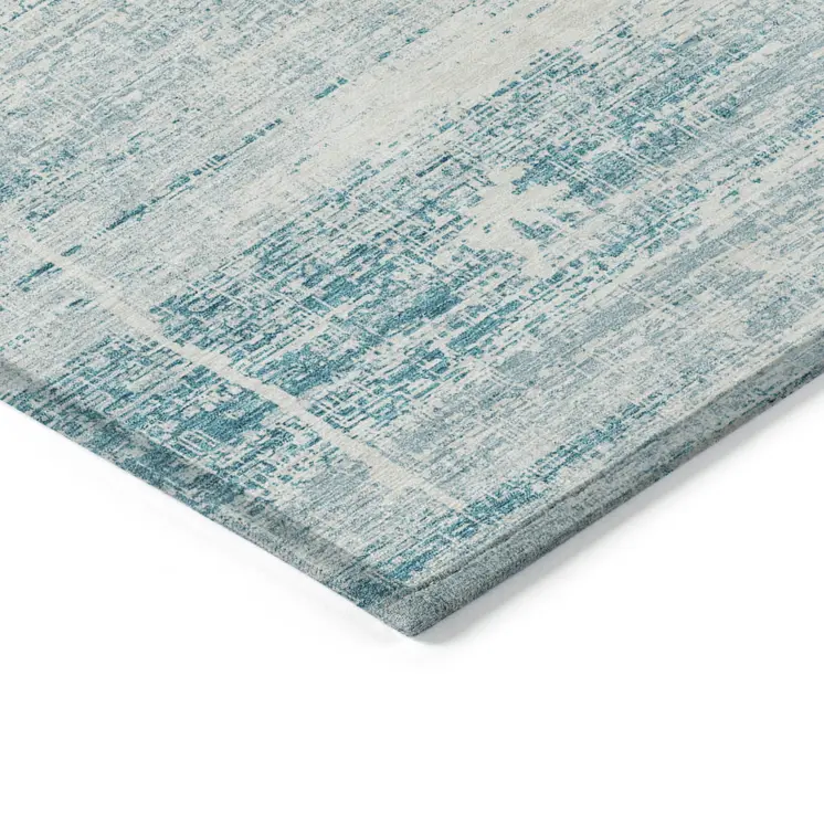 9' X 12' Teal Blue Aqua And Ivory Abstract Washable Indoor Outdoor Area Rug