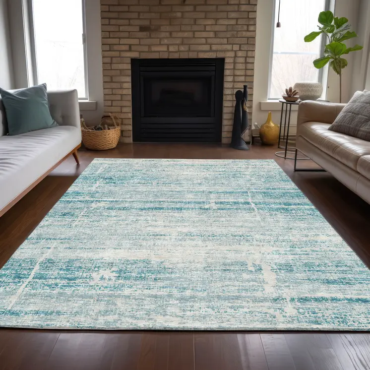 9' X 12' Teal Blue Aqua And Ivory Abstract Washable Indoor Outdoor Area Rug