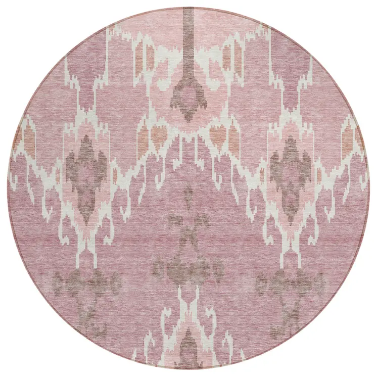 8' Blush Pink And Ivory Round Ikat Washable Indoor Outdoor Area Rug