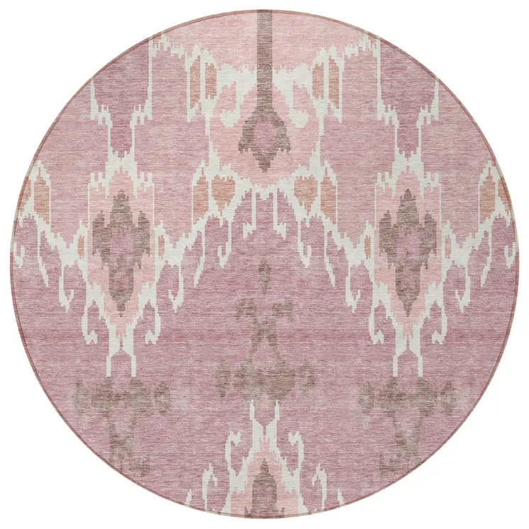 8' Blush Pink And Ivory Round Ikat Washable Indoor Outdoor Area Rug