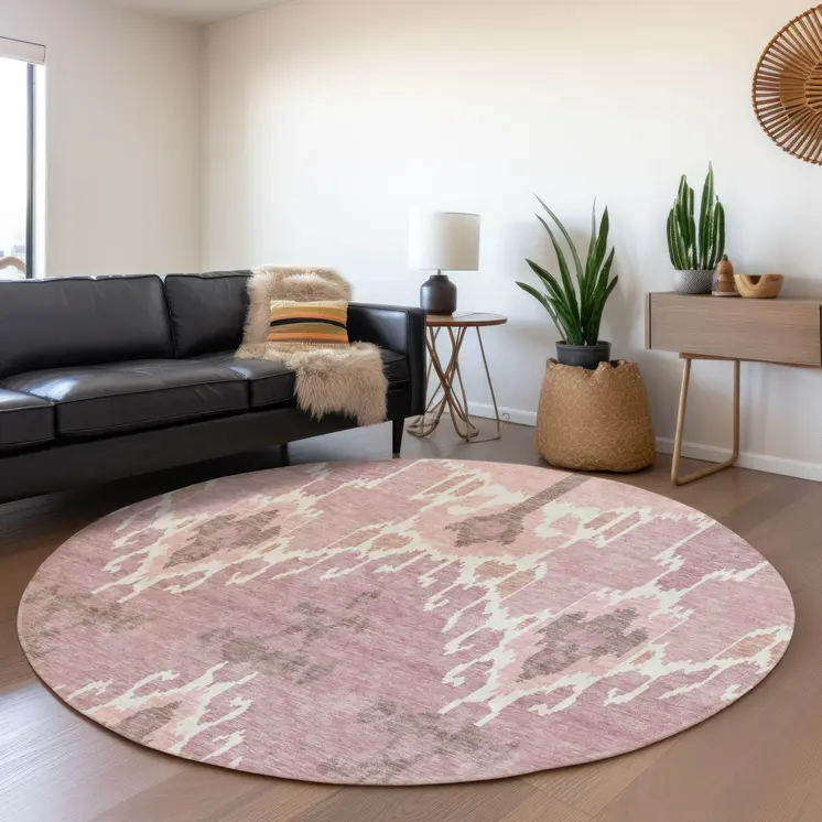 8' Blush Pink And Ivory Round Ikat Washable Indoor Outdoor Area Rug