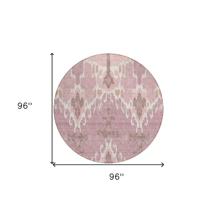 8' Blush Pink And Ivory Round Ikat Washable Indoor Outdoor Area Rug