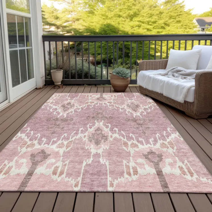 8' X 10' Blush Pink And Ivory Ikat Washable Indoor Outdoor Area Rug