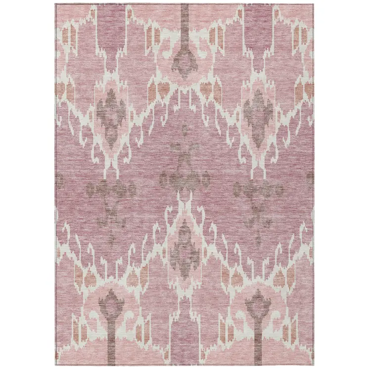 8' X 10' Blush Pink And Ivory Ikat Washable Indoor Outdoor Area Rug