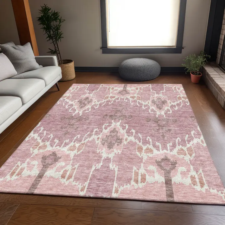 8' X 10' Blush Pink And Ivory Ikat Washable Indoor Outdoor Area Rug