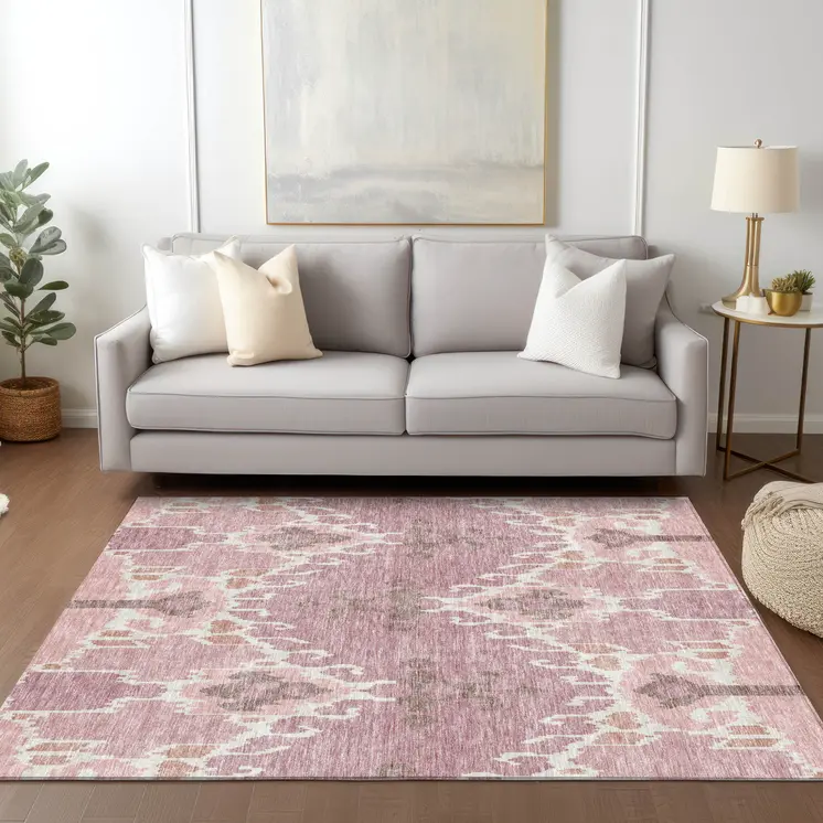 8' X 10' Blush Pink And Ivory Ikat Washable Indoor Outdoor Area Rug