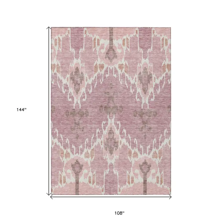 9' X 12' Blush Pink And Ivory Ikat Washable Indoor Outdoor Area Rug