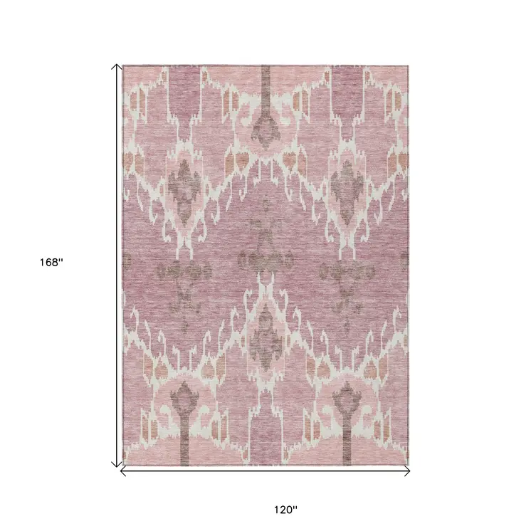10' X 14' Blush Pink And Ivory Ikat Washable Indoor Outdoor Area Rug