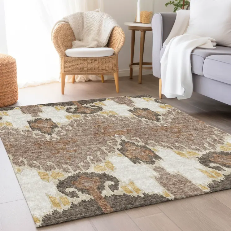 3' X 5' Brown Taupe And Beige Ikat Washable Indoor Outdoor Area Rug