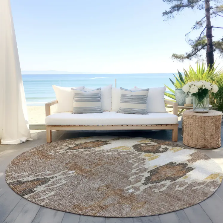 8' Brown Taupe And Beige Round Ikat Washable Indoor Outdoor Area Rug