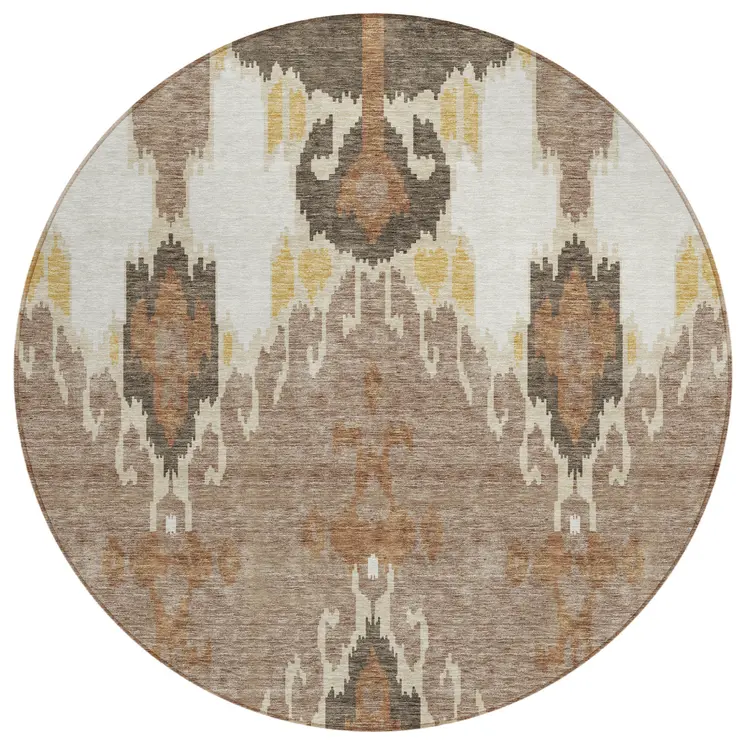 8' Brown Taupe And Beige Round Ikat Washable Indoor Outdoor Area Rug