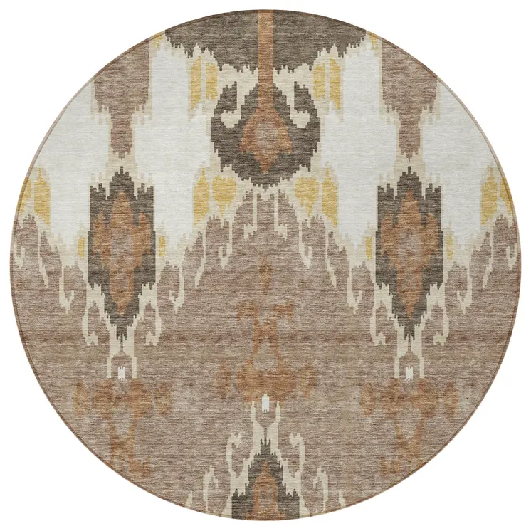 8' Brown Taupe And Beige Round Ikat Washable Indoor Outdoor Area Rug