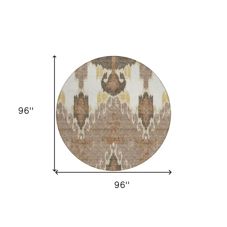 8' Brown Taupe And Beige Round Ikat Washable Indoor Outdoor Area Rug