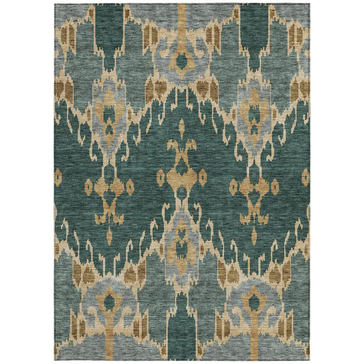 3' X 5' Green Gray And Gold Ikat Washable Indoor Outdoor Area Rug