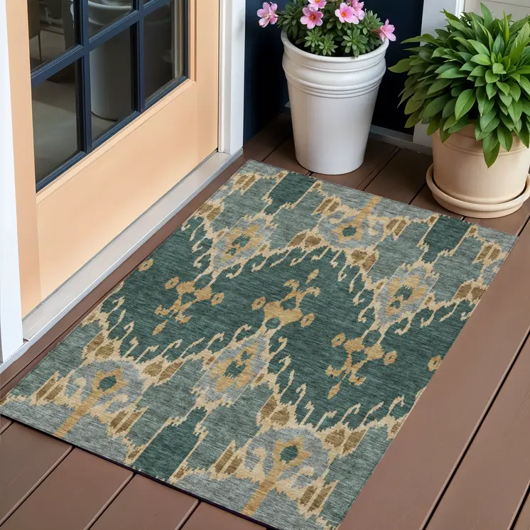 3' X 5' Green Gray And Gold Ikat Washable Indoor Outdoor Area Rug