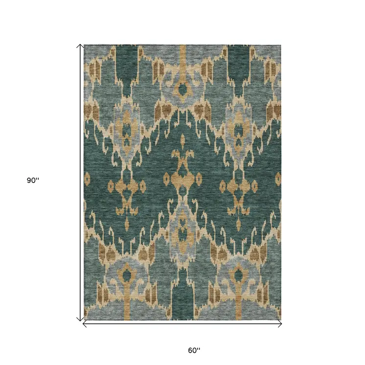 5' X 8' Green Gray And Gold Ikat Washable Indoor Outdoor Area Rug
