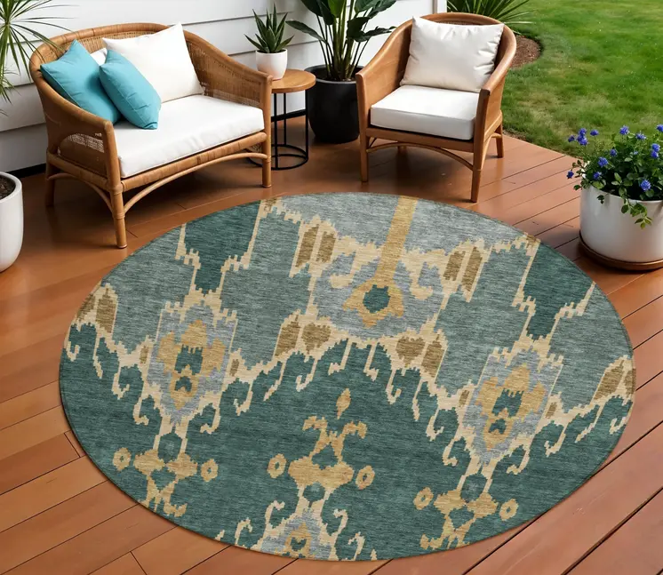 8' Green Gray And Gold Round Ikat Washable Indoor Outdoor Area Rug