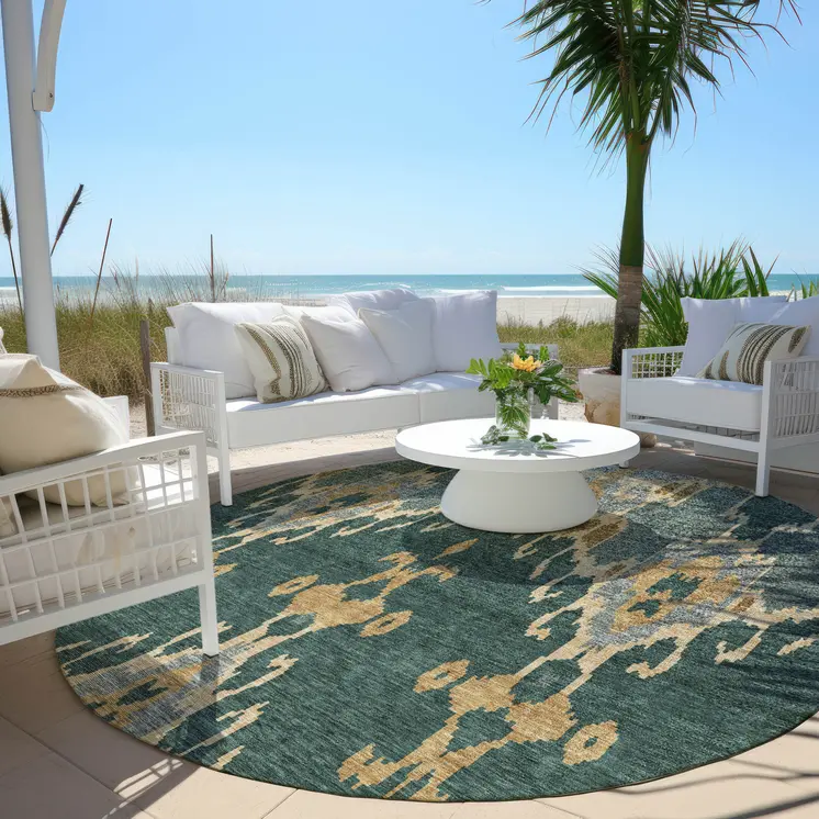 8' Green Gray And Gold Round Ikat Washable Indoor Outdoor Area Rug