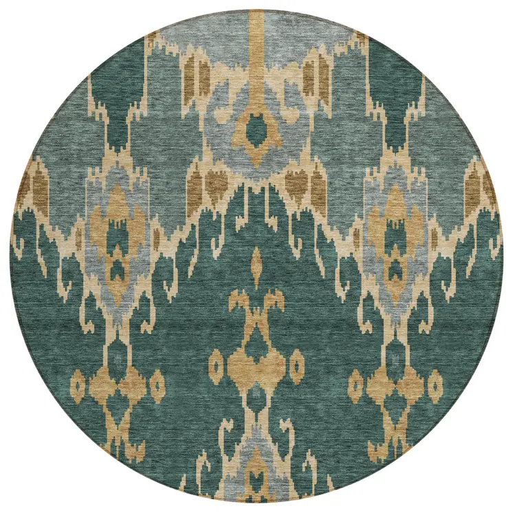 8' Green Gray And Gold Round Ikat Washable Indoor Outdoor Area Rug