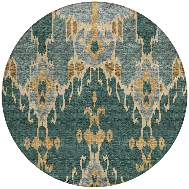 8' Green Gray And Gold Round Ikat Washable Indoor Outdoor Area Rug