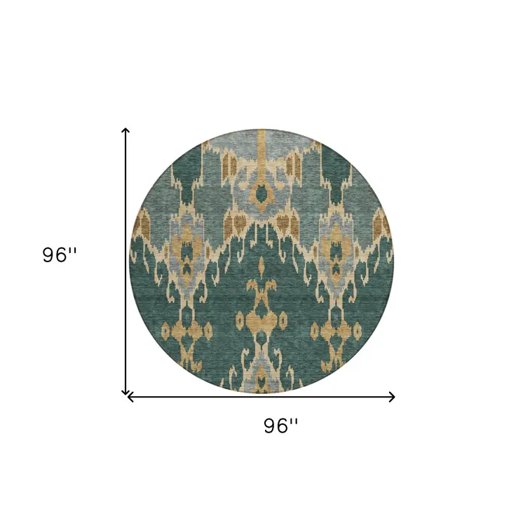 8' Green Gray And Gold Round Ikat Washable Indoor Outdoor Area Rug