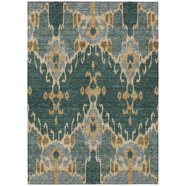 8' X 10' Green Gray And Gold Ikat Washable Indoor Outdoor Area Rug