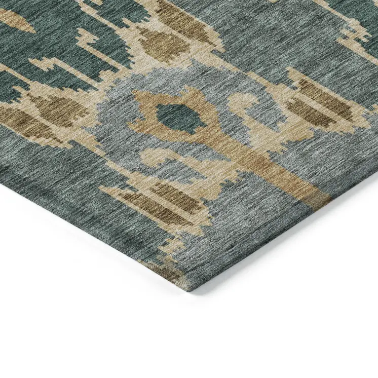 8' X 10' Green Gray And Gold Ikat Washable Indoor Outdoor Area Rug