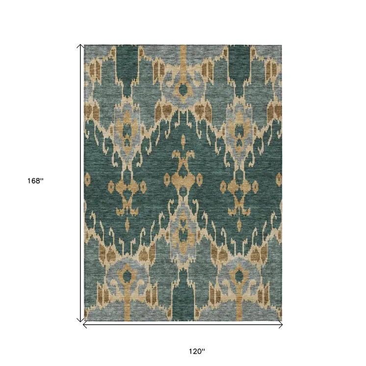 10' X 14' Green Gray And Gold Ikat Washable Indoor Outdoor Area Rug
