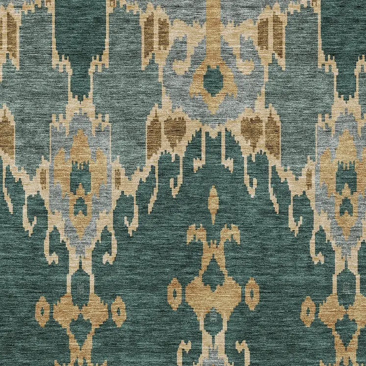 10' X 14' Green Gray And Gold Ikat Washable Indoor Outdoor Area Rug