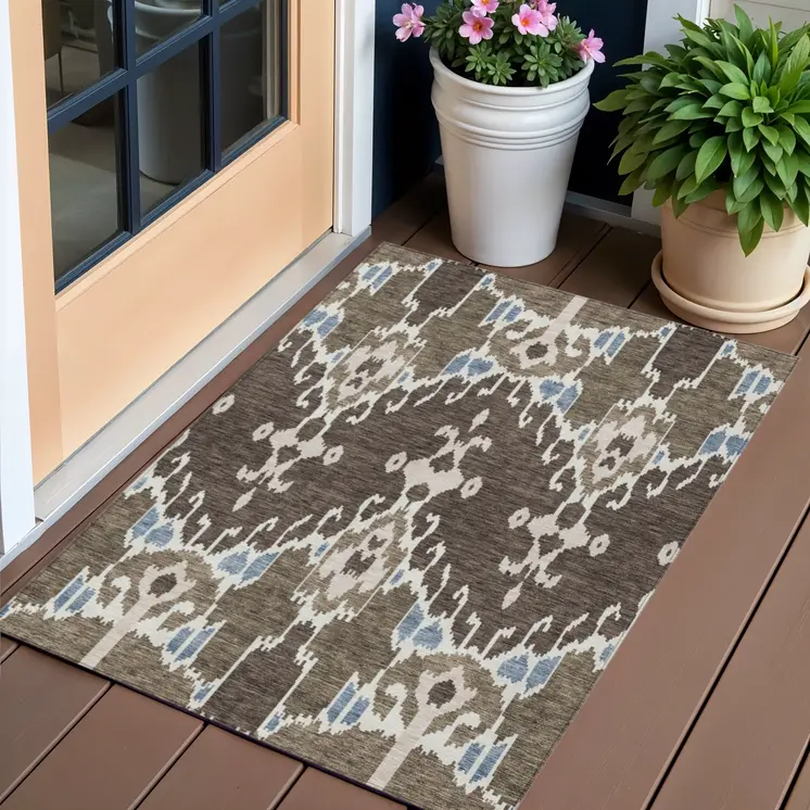 3' X 5' Brown And Taupe Ikat Washable Indoor Outdoor Area Rug