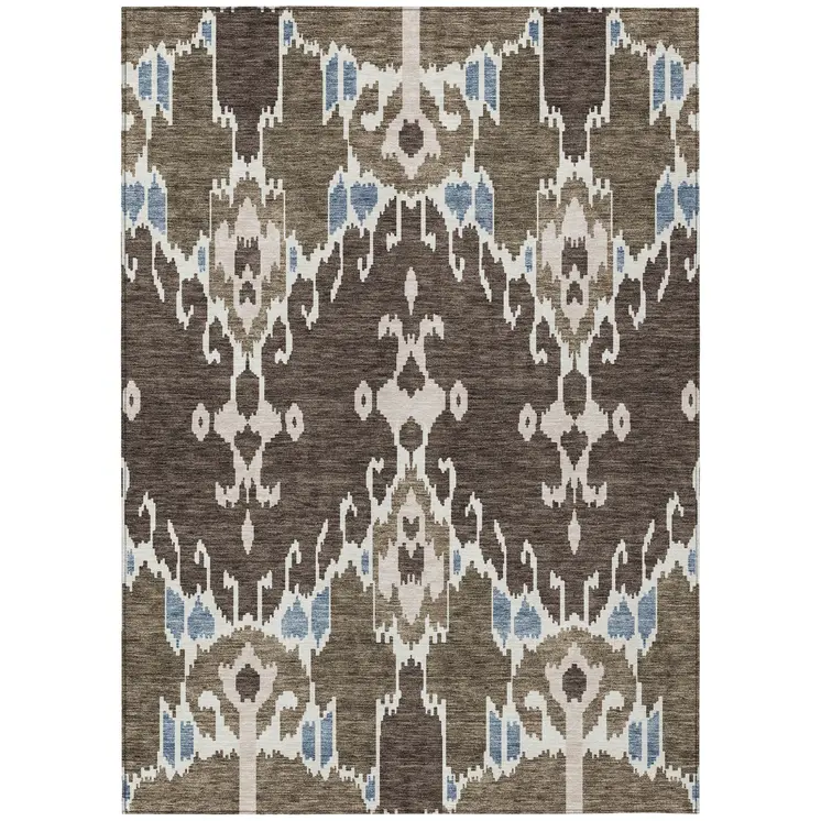 3' X 5' Brown And Taupe Ikat Washable Indoor Outdoor Area Rug