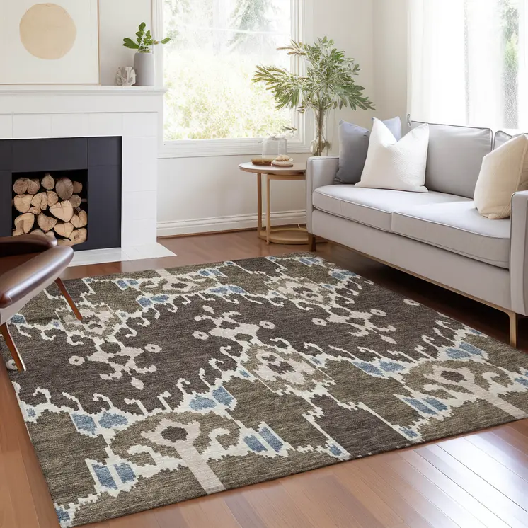 3' X 5' Brown And Taupe Ikat Washable Indoor Outdoor Area Rug
