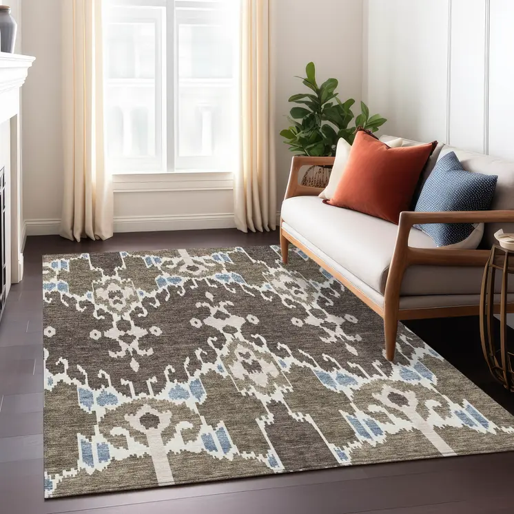 3' X 5' Brown And Taupe Ikat Washable Indoor Outdoor Area Rug