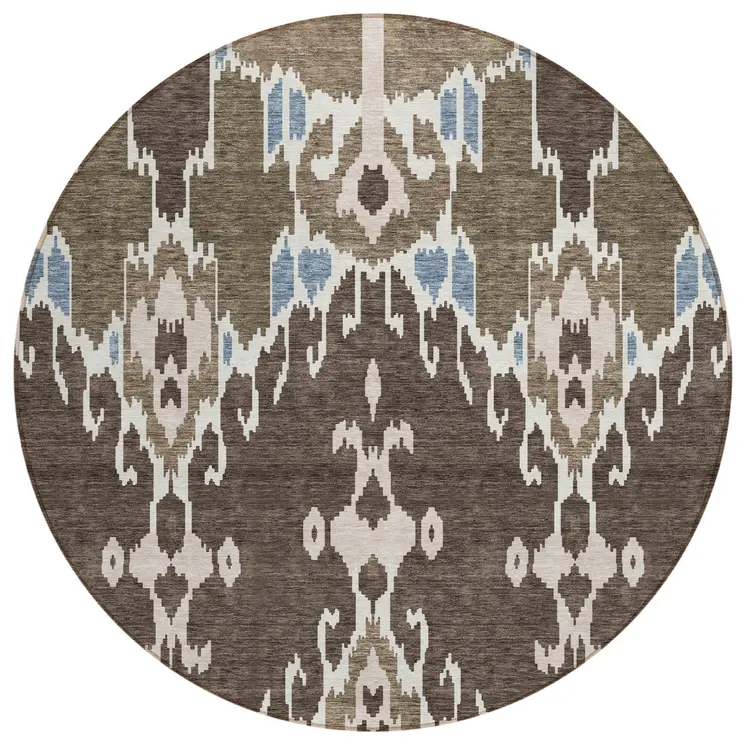8' Brown And Taupe Round Ikat Washable Indoor Outdoor Area Rug