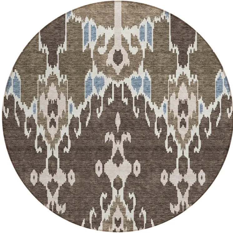 8' Brown And Taupe Round Ikat Washable Indoor Outdoor Area Rug