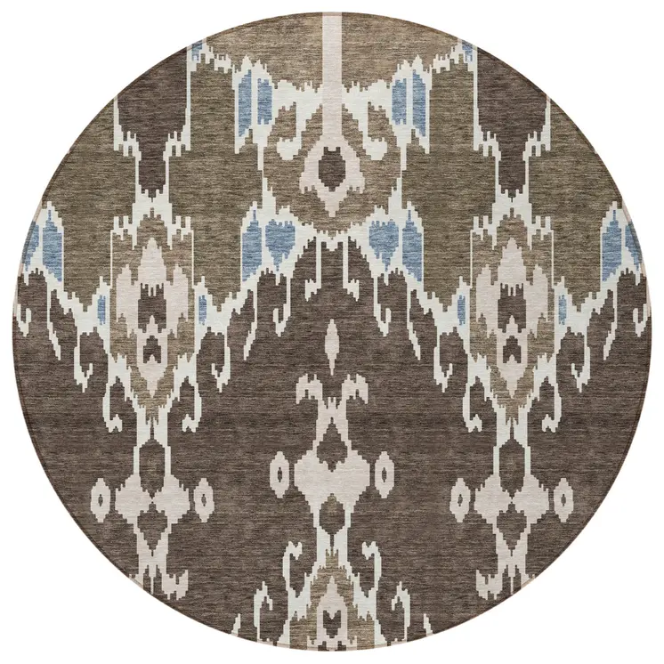 8' Brown And Taupe Round Ikat Washable Indoor Outdoor Area Rug
