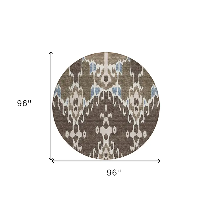 8' Brown And Taupe Round Ikat Washable Indoor Outdoor Area Rug