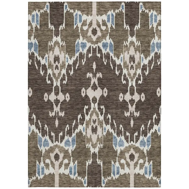 9' X 12' Brown And Taupe Ikat Washable Indoor Outdoor Area Rug