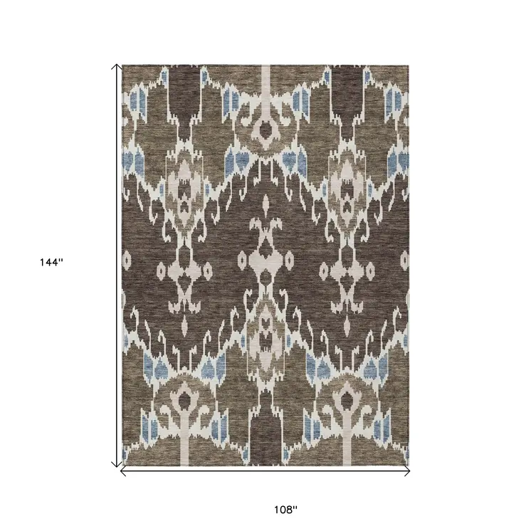 9' X 12' Brown And Taupe Ikat Washable Indoor Outdoor Area Rug