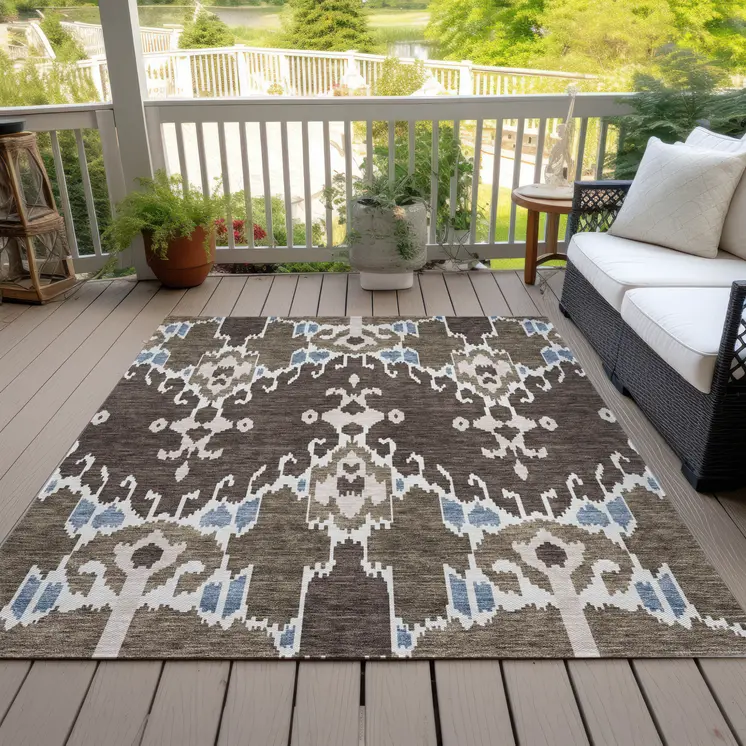 9' X 12' Brown And Taupe Ikat Washable Indoor Outdoor Area Rug