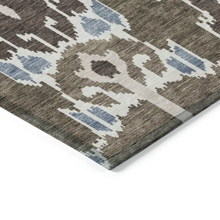 9' X 12' Brown And Taupe Ikat Washable Indoor Outdoor Area Rug