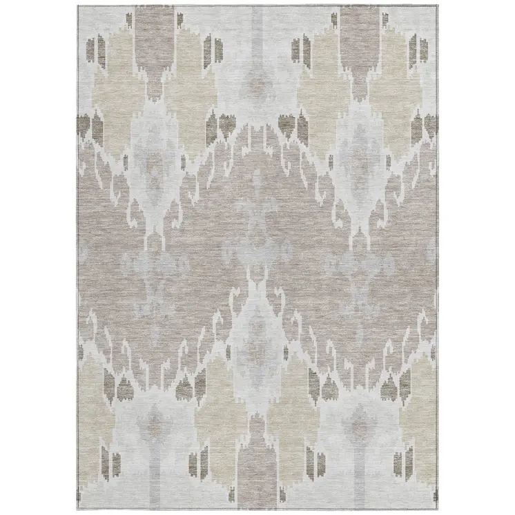 3' X 5' Ivory Beige And Taupe Ikat Washable Indoor Outdoor Area Rug