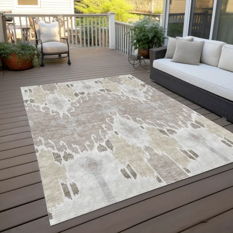 3' X 5' Ivory Beige And Taupe Ikat Washable Indoor Outdoor Area Rug